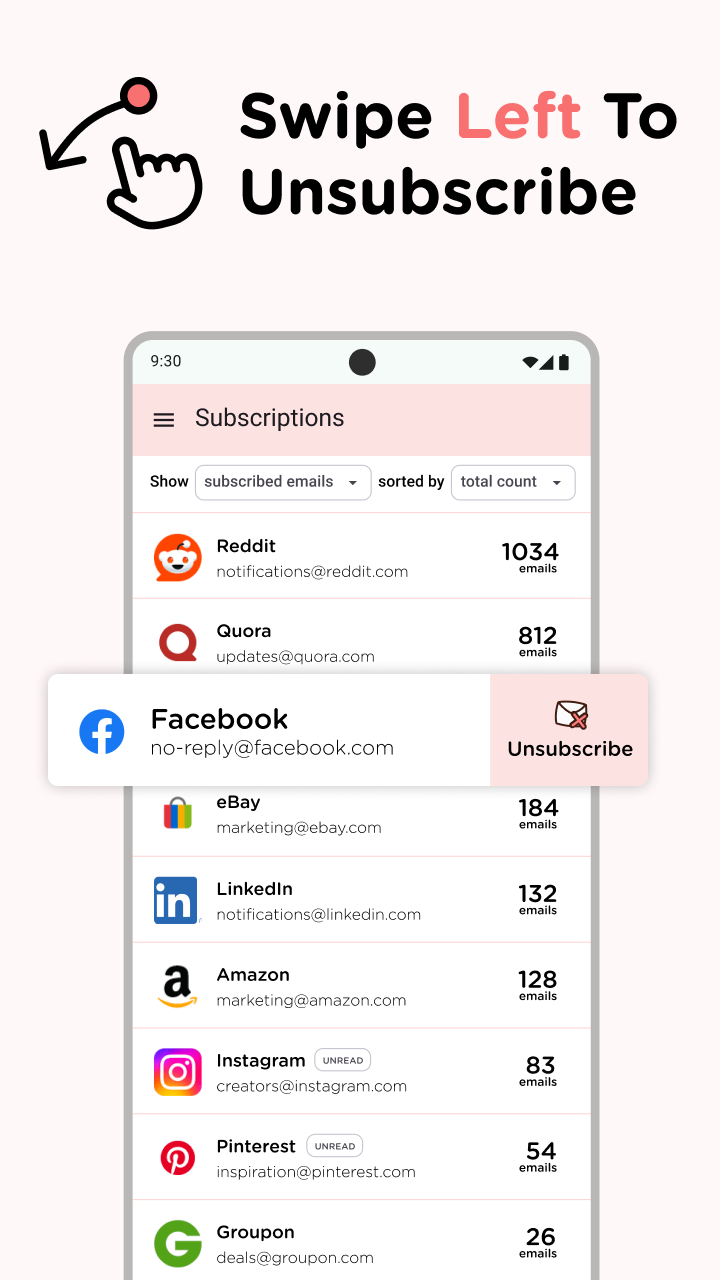 Leave Me Alone Android app screenshot showing you can swipe left to unsubscribe