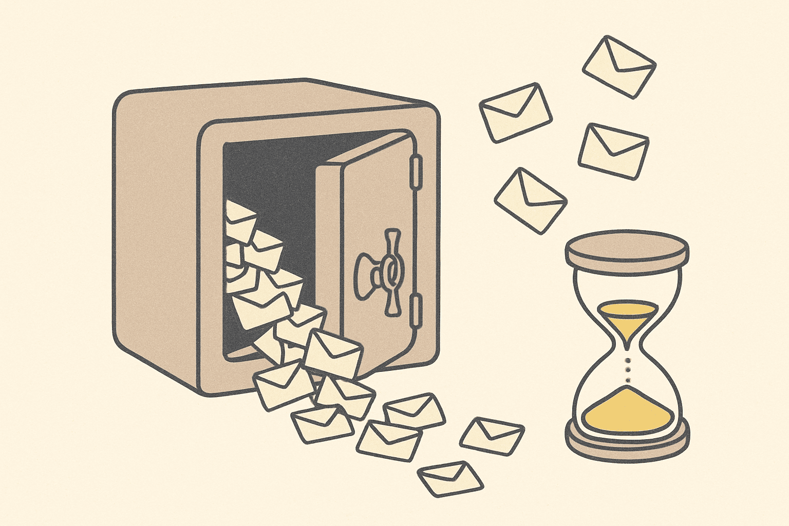 Envelopes spilling out of a cracked-open safe beside an hourglass that has nearly run out