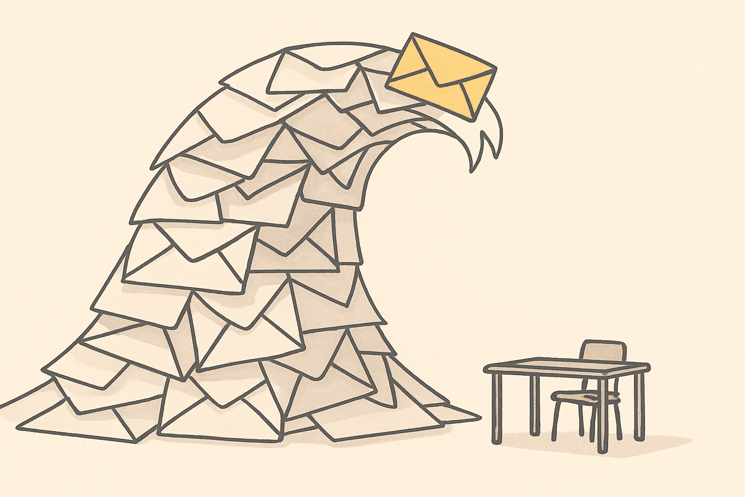 A huge wave made of stacked envelopes towering over one small empty desk