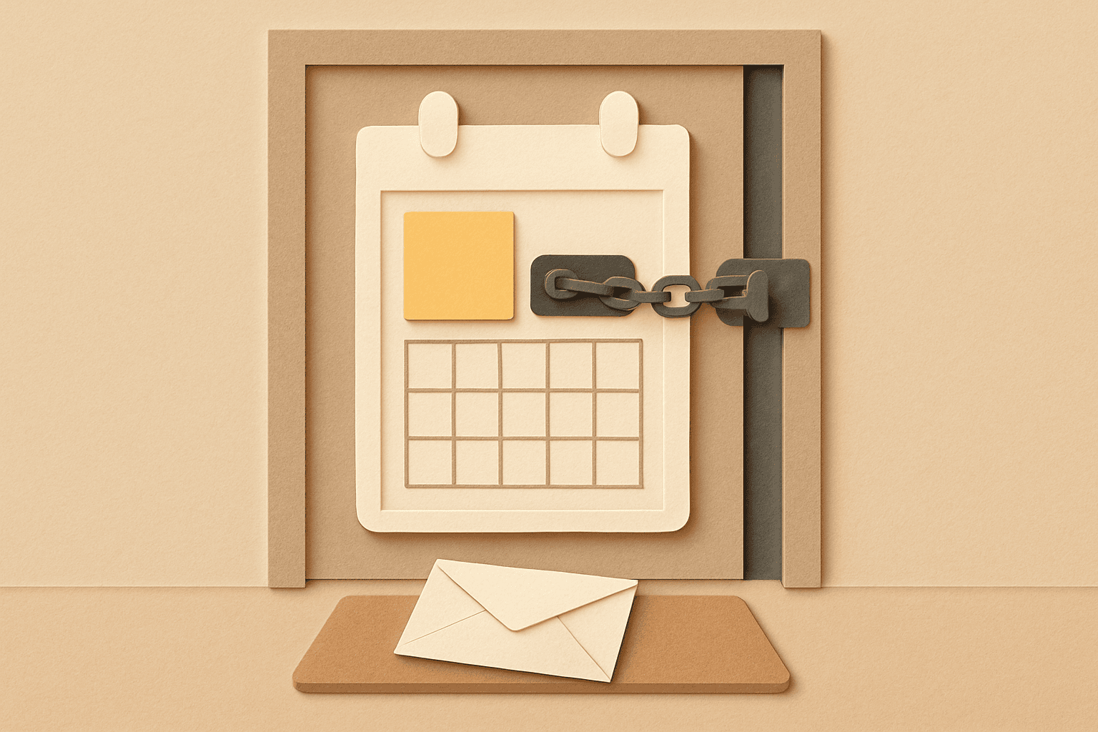 A calendar page as a front door held shut by a chain latch, with an envelope waiting outside