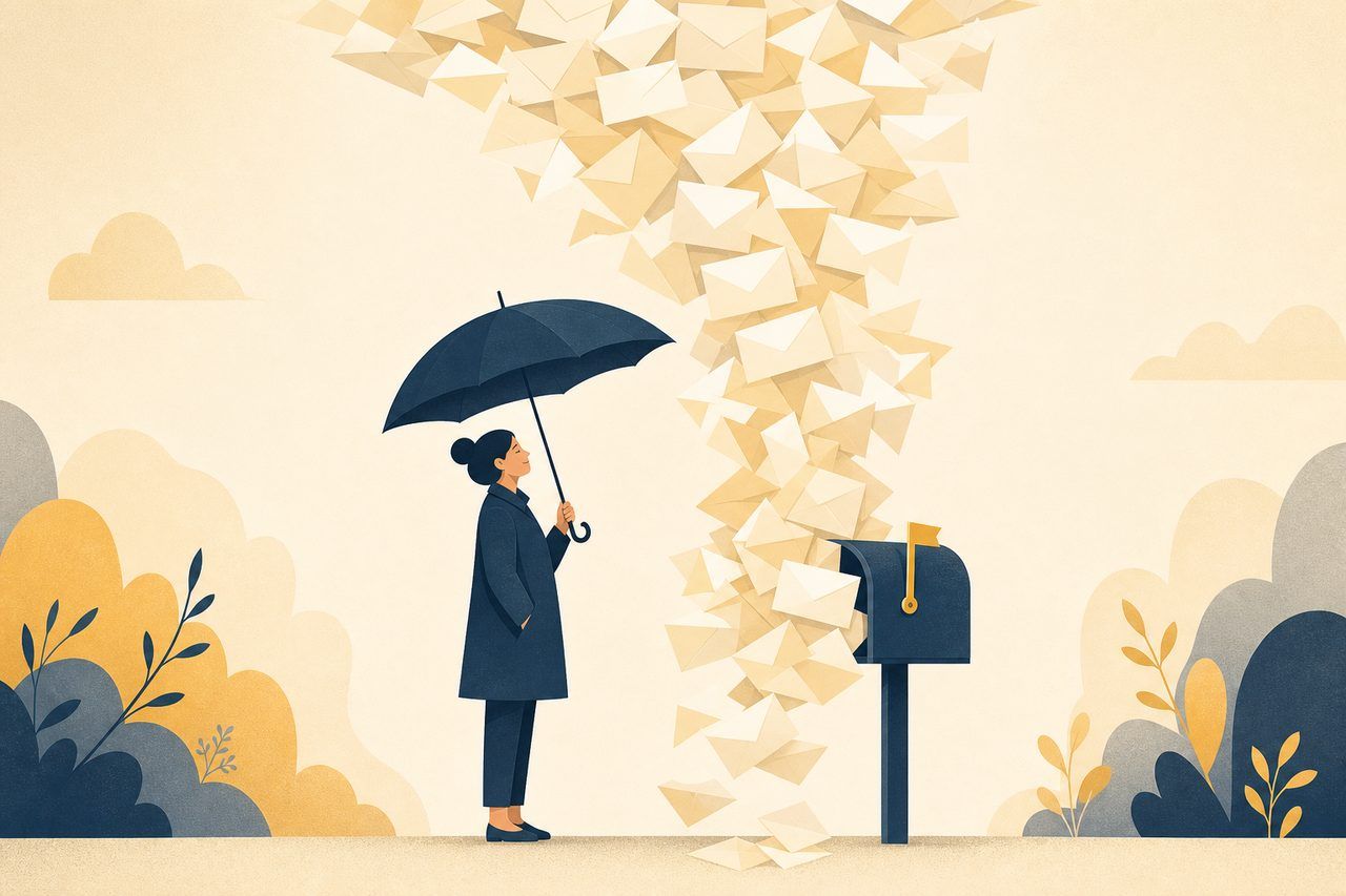 An overflowing mailbox flooded with envelopes against a calm yellow background