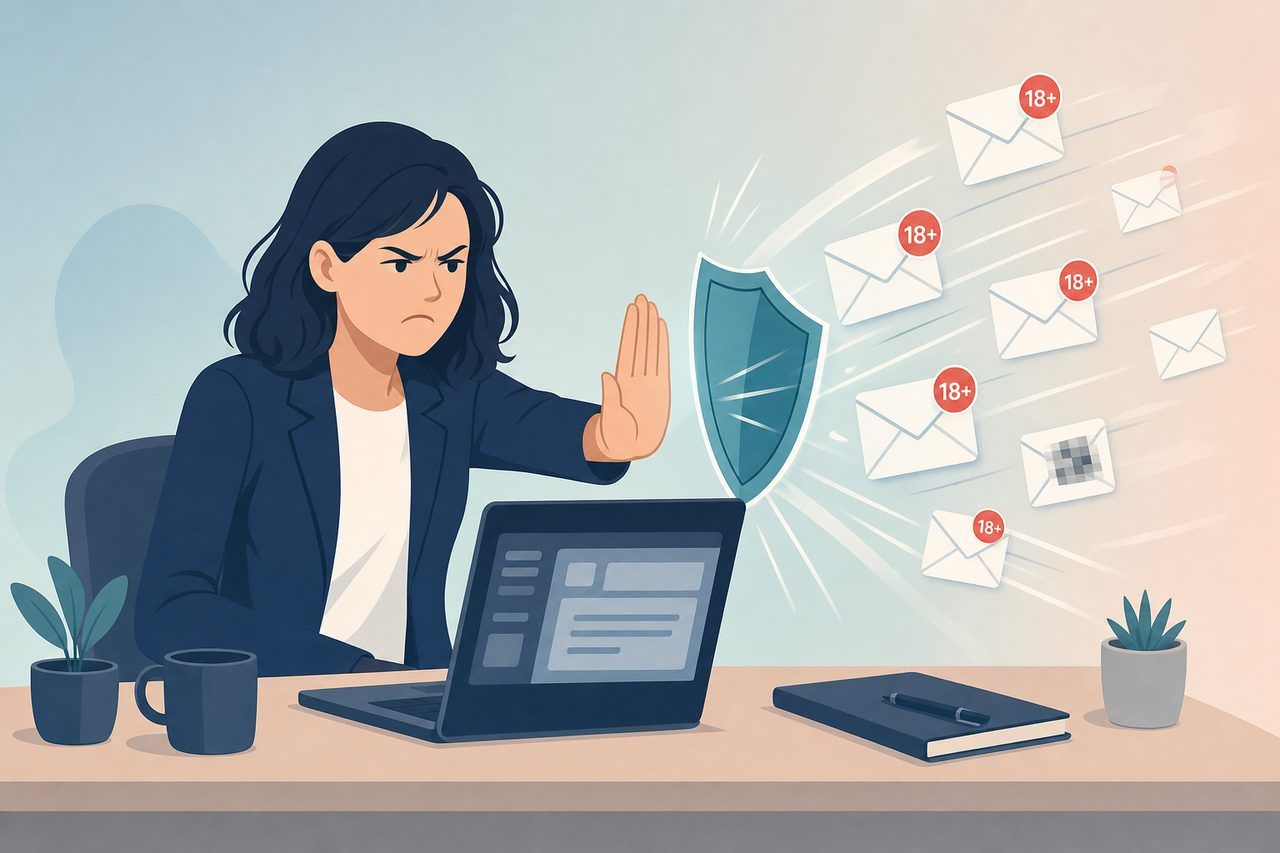 An annoyed person blocking a stream of adult spam emails marked with 18+ badges on a laptop