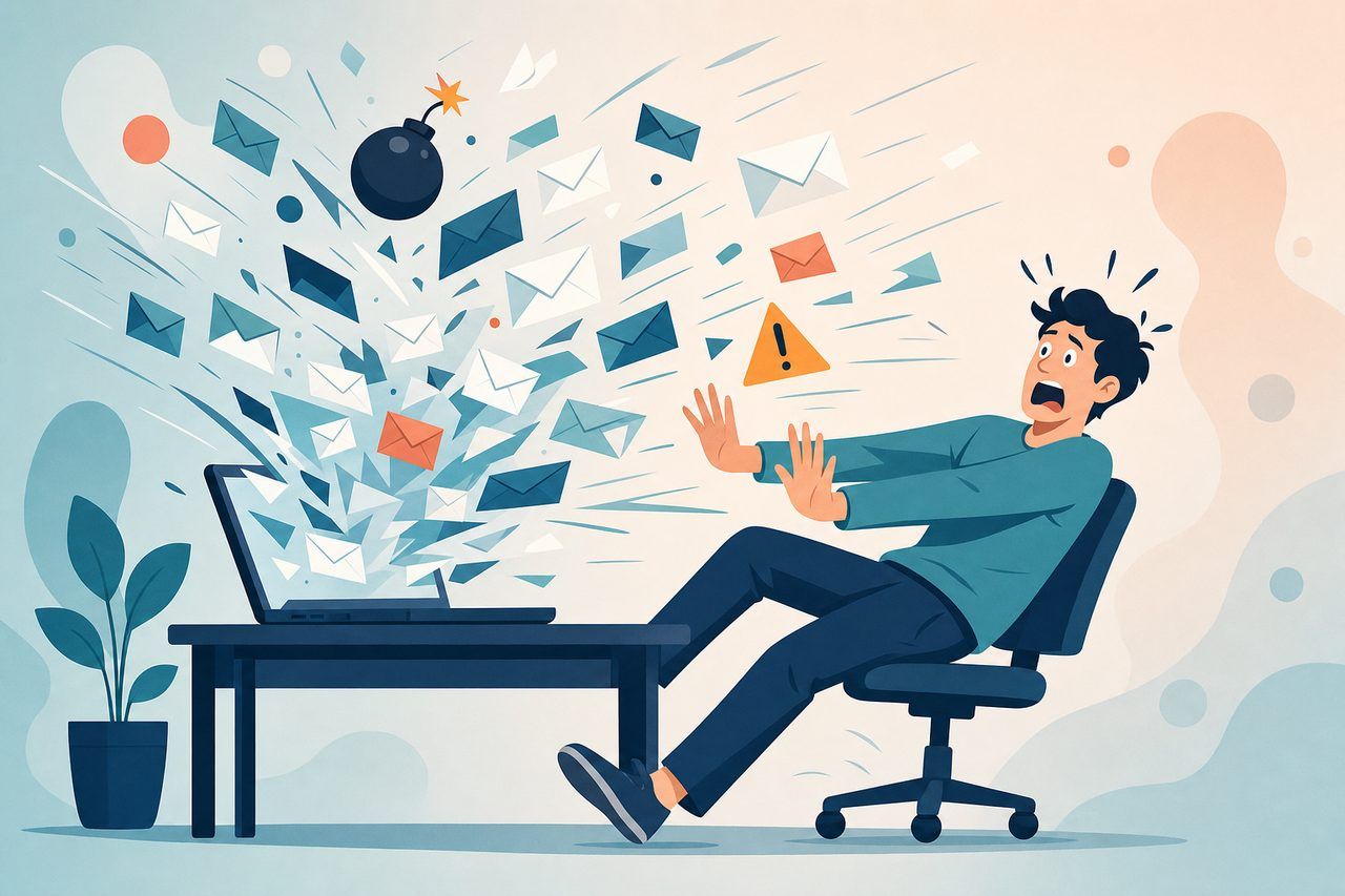 An overwhelmed person recoiling from an explosive burst of email envelopes erupting from a laptop