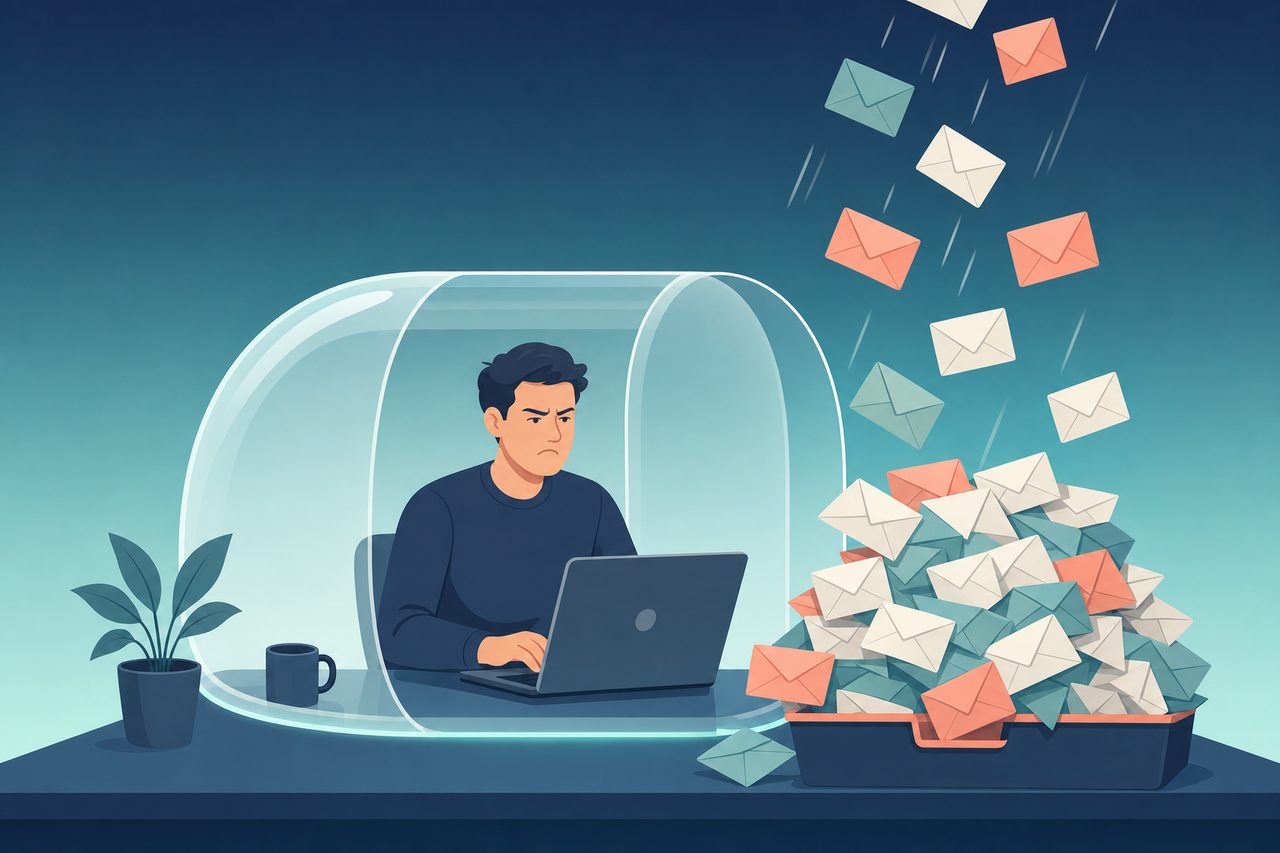 Person safe inside a VPN bubble while spam envelopes still flood their inbox tray