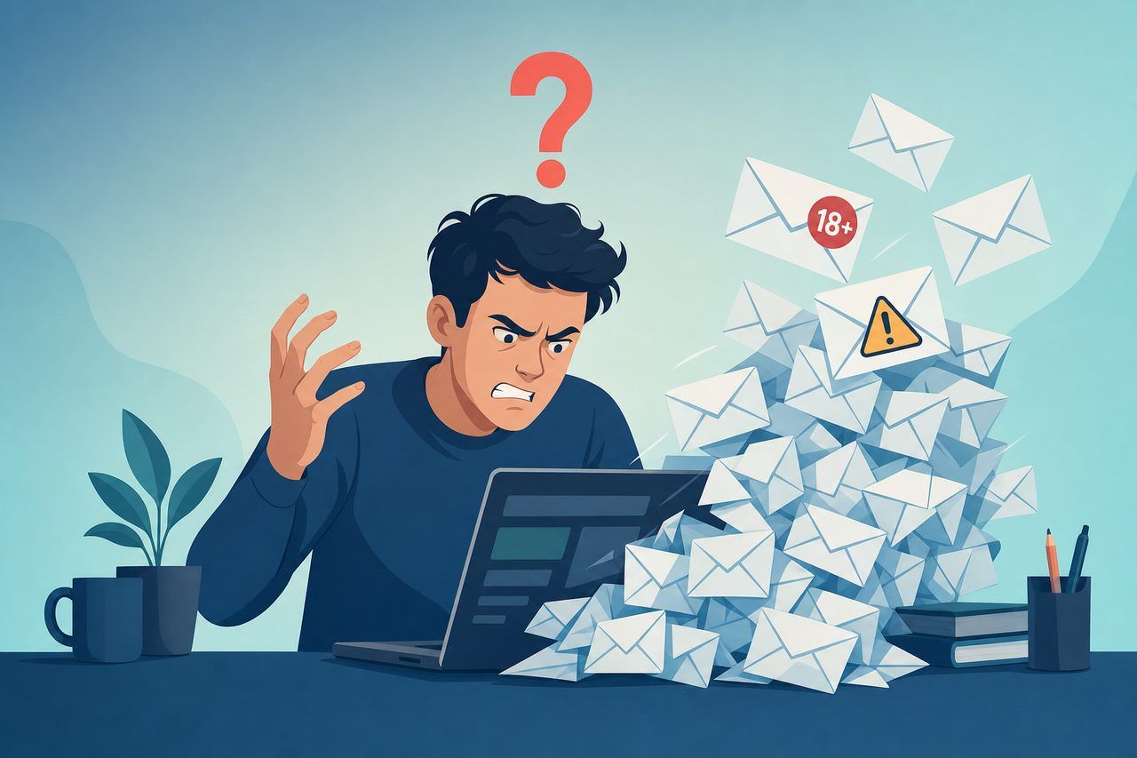 A frustrated person facing a pile of unwanted signup emails with a large question mark overhead