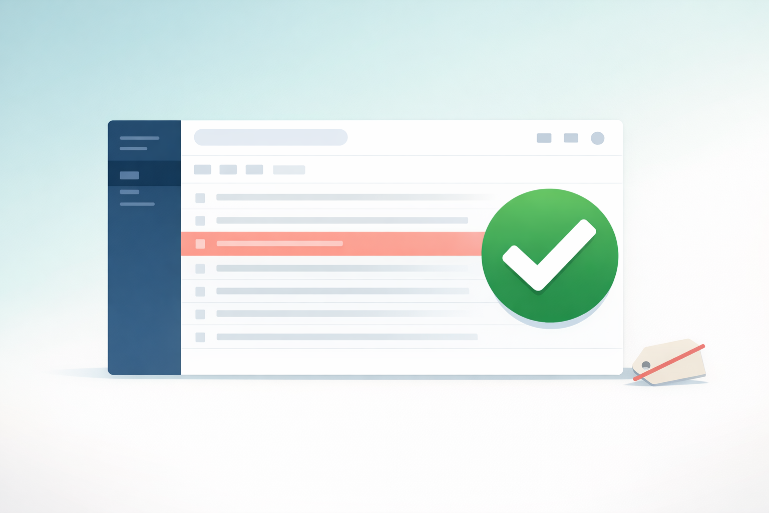 A minimalist email inbox dashboard with a large green checkmark and a small price tag crossed out in the corner.
