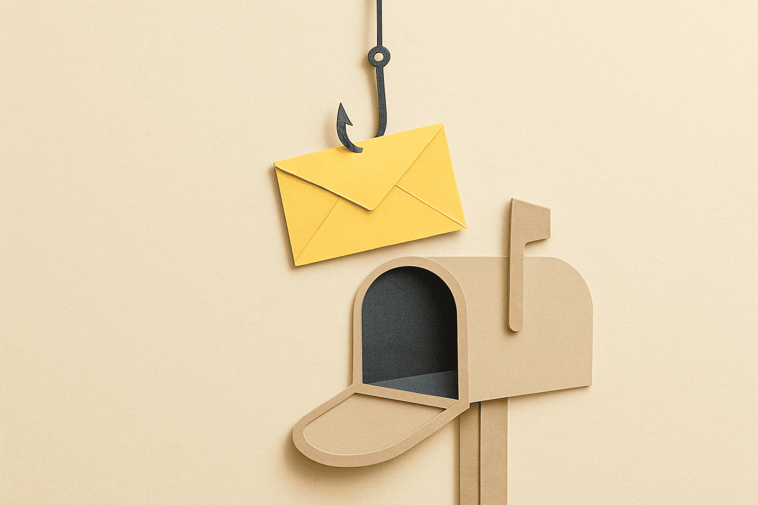 A fishing hook baited with a crisp envelope dangling above an open mailbox