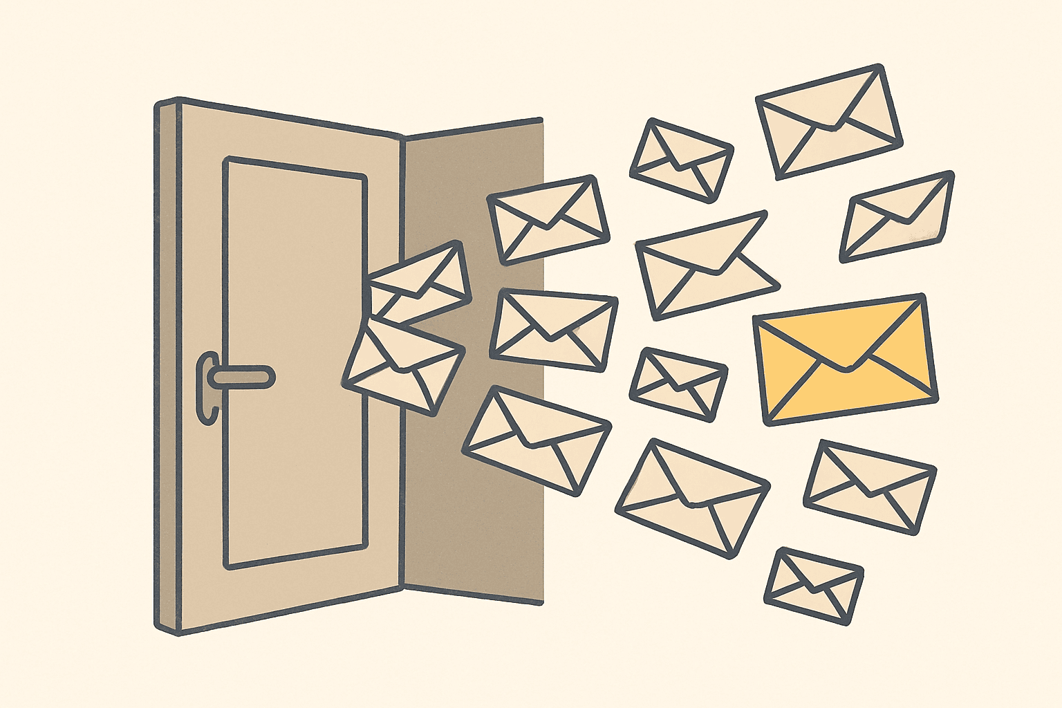 A door swinging open with envelopes streaming out and lifting into flight