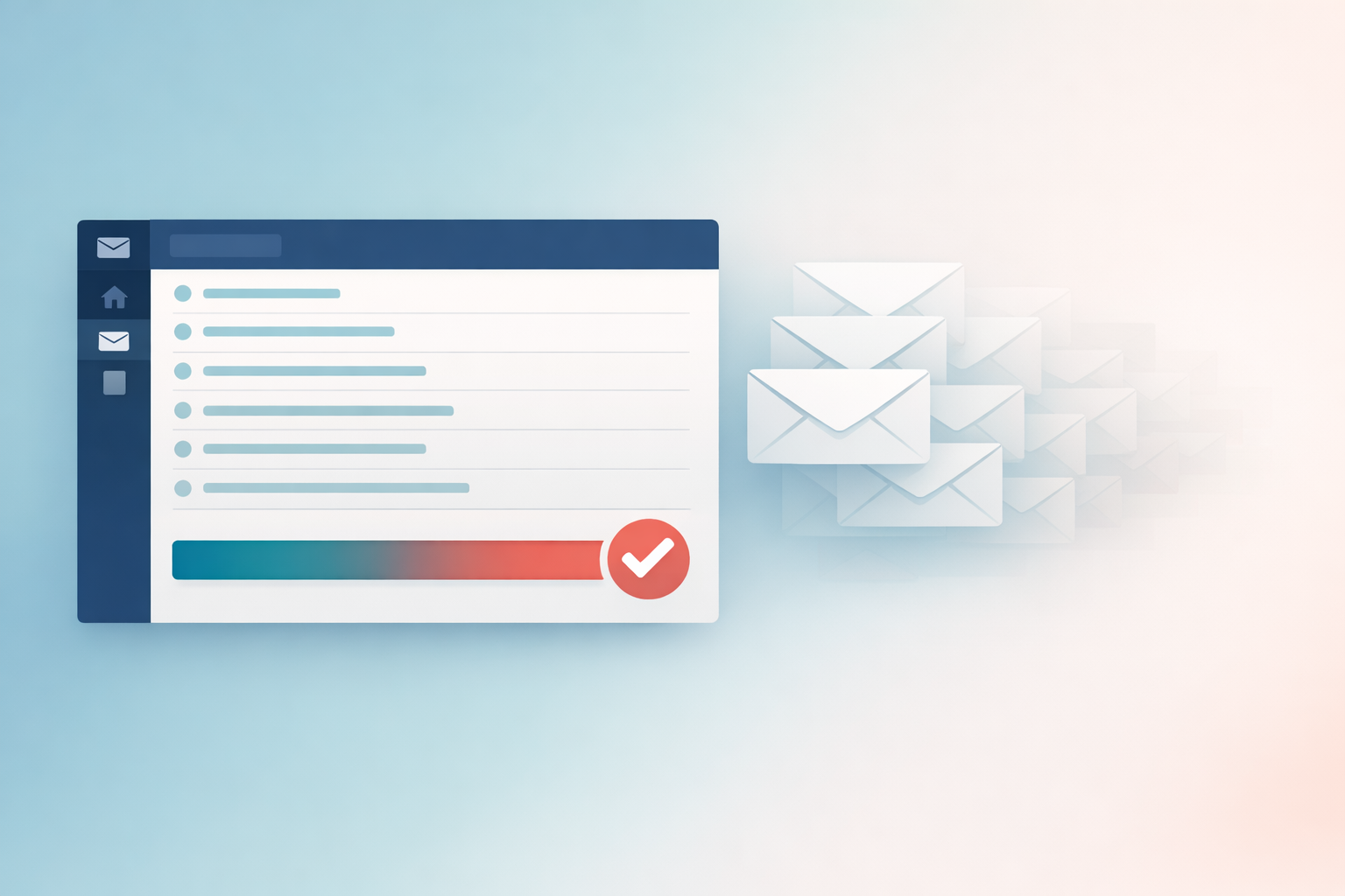 A cleaned inbox view with a progress bar at 100 percent and a stack of unsubscribed newsletters fading in the background.