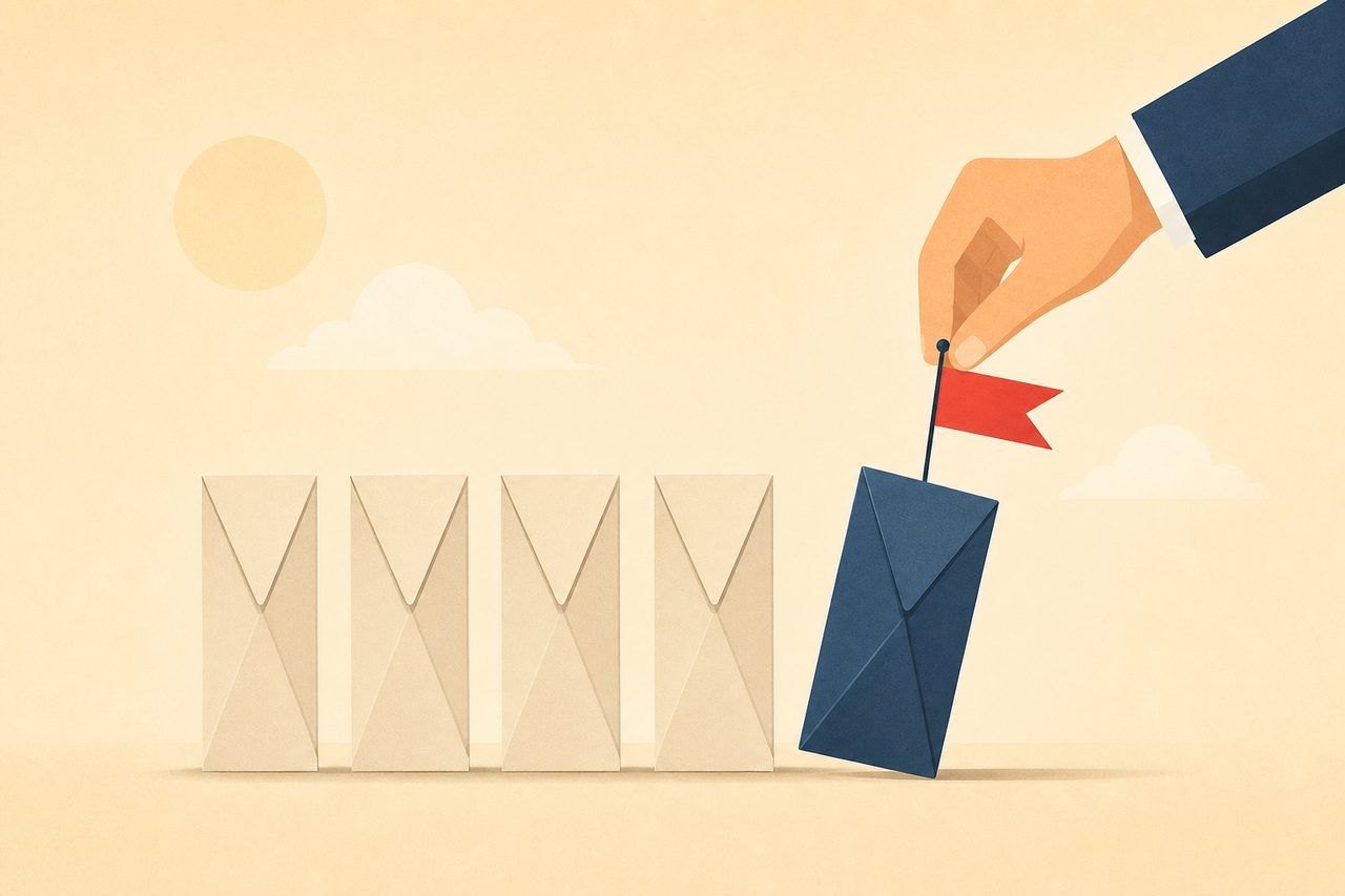 A hand flagging one envelope out of a row, flat illustration