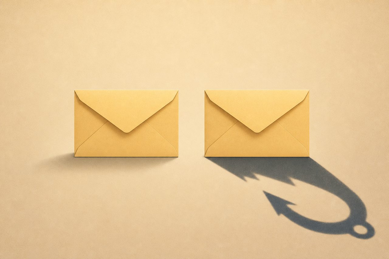 Two identical envelopes side by side casting different shadows