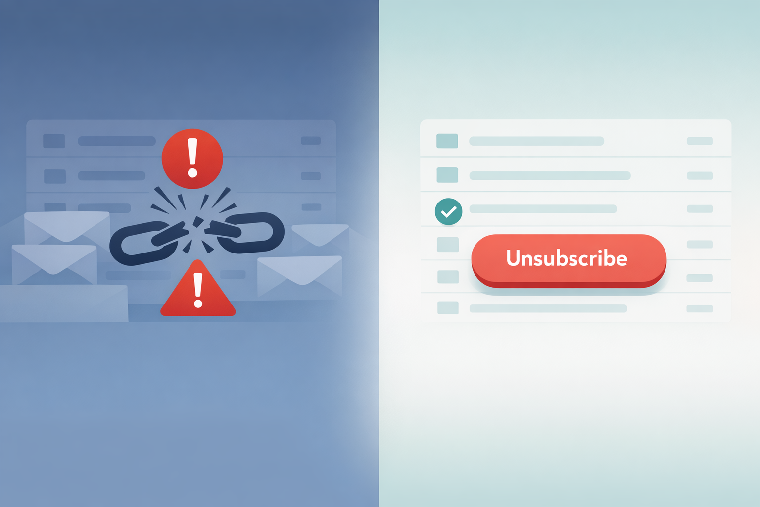 Split illustration: a broken email chain on the left, a clean one-click unsubscribe inbox on the right