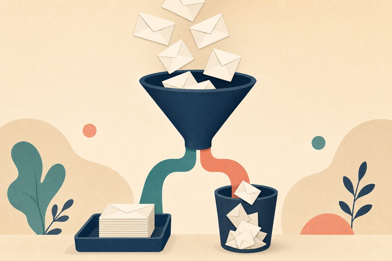 A funnel sorting a stream of envelopes into clean and blocked piles