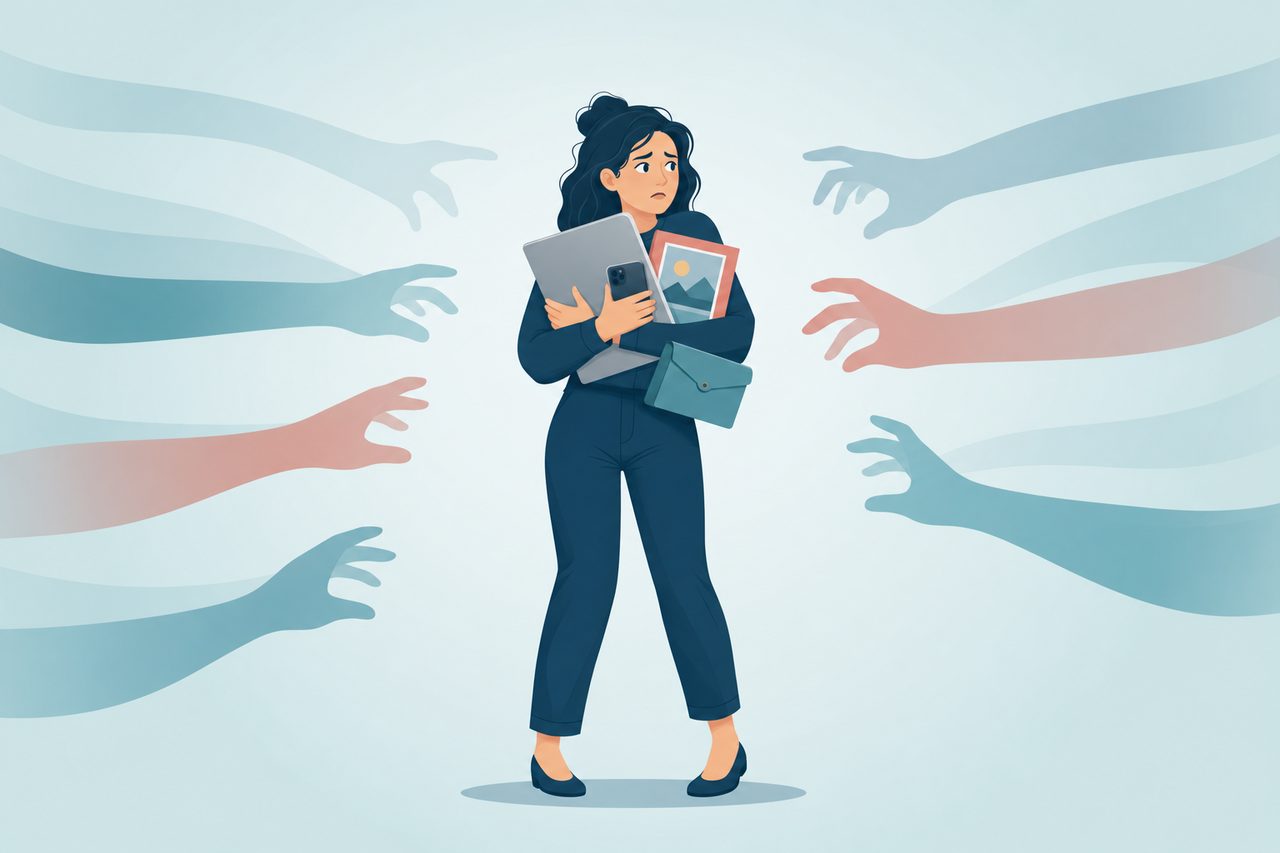 Overwhelmed person protecting their laptop, phone, photos and mailbox from grabbing hands on all sides