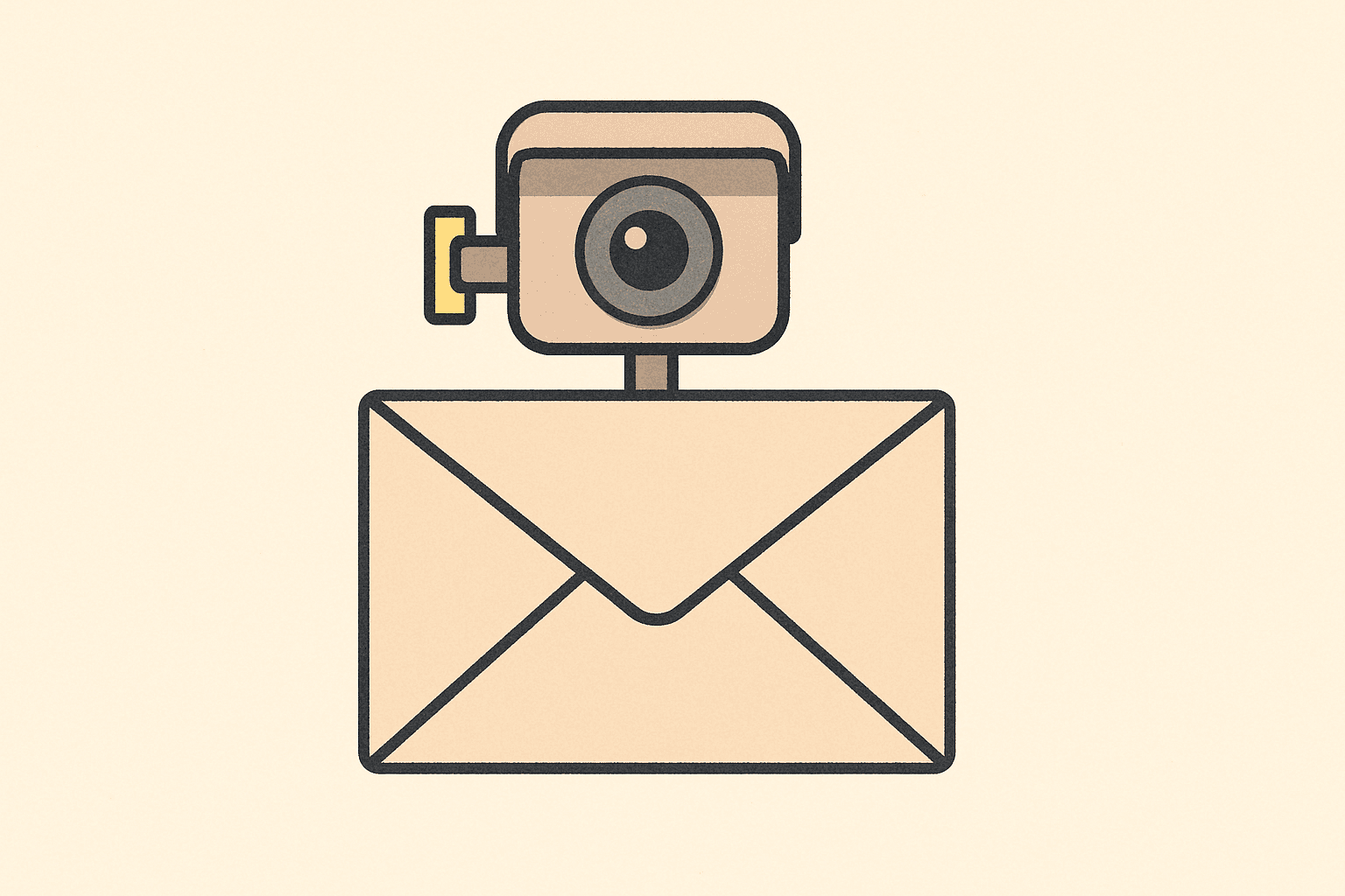 A security camera mounted on top of an envelope, its lens pointed straight at the reader