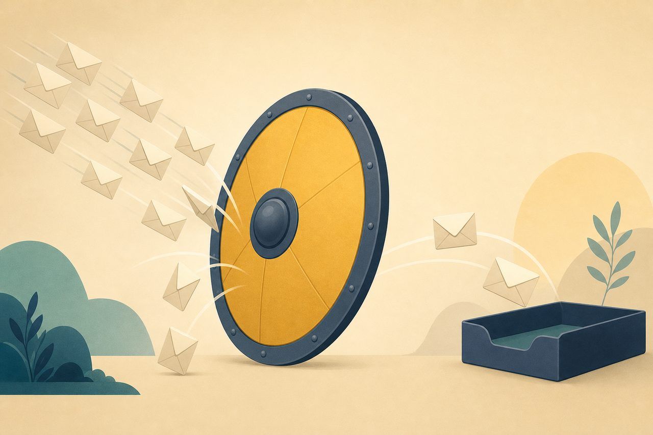 A shield deflecting a stream of envelopes, flat illustration