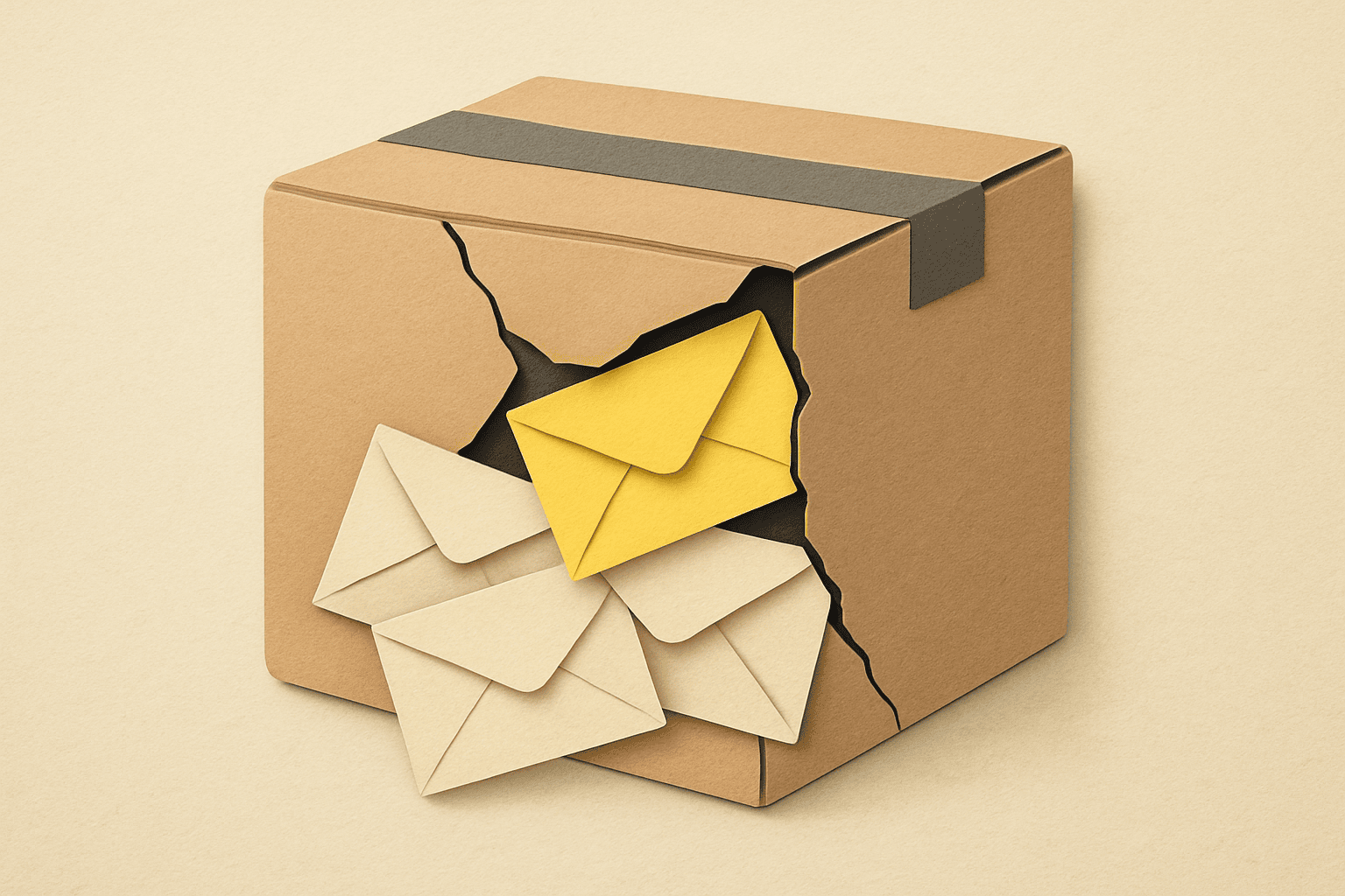 A cracked cardboard shipping box with envelopes spilling out through the crack