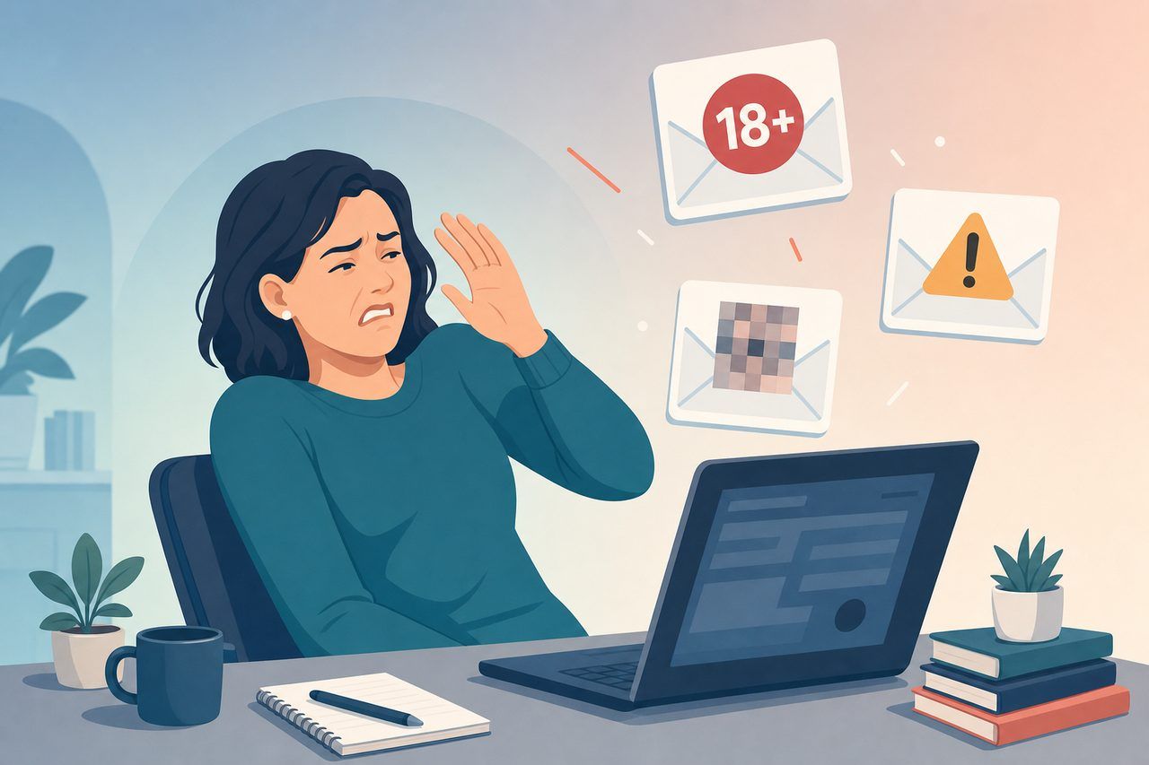 An uncomfortable person recoiling from email cards flagged with 18+ and warning pictograms