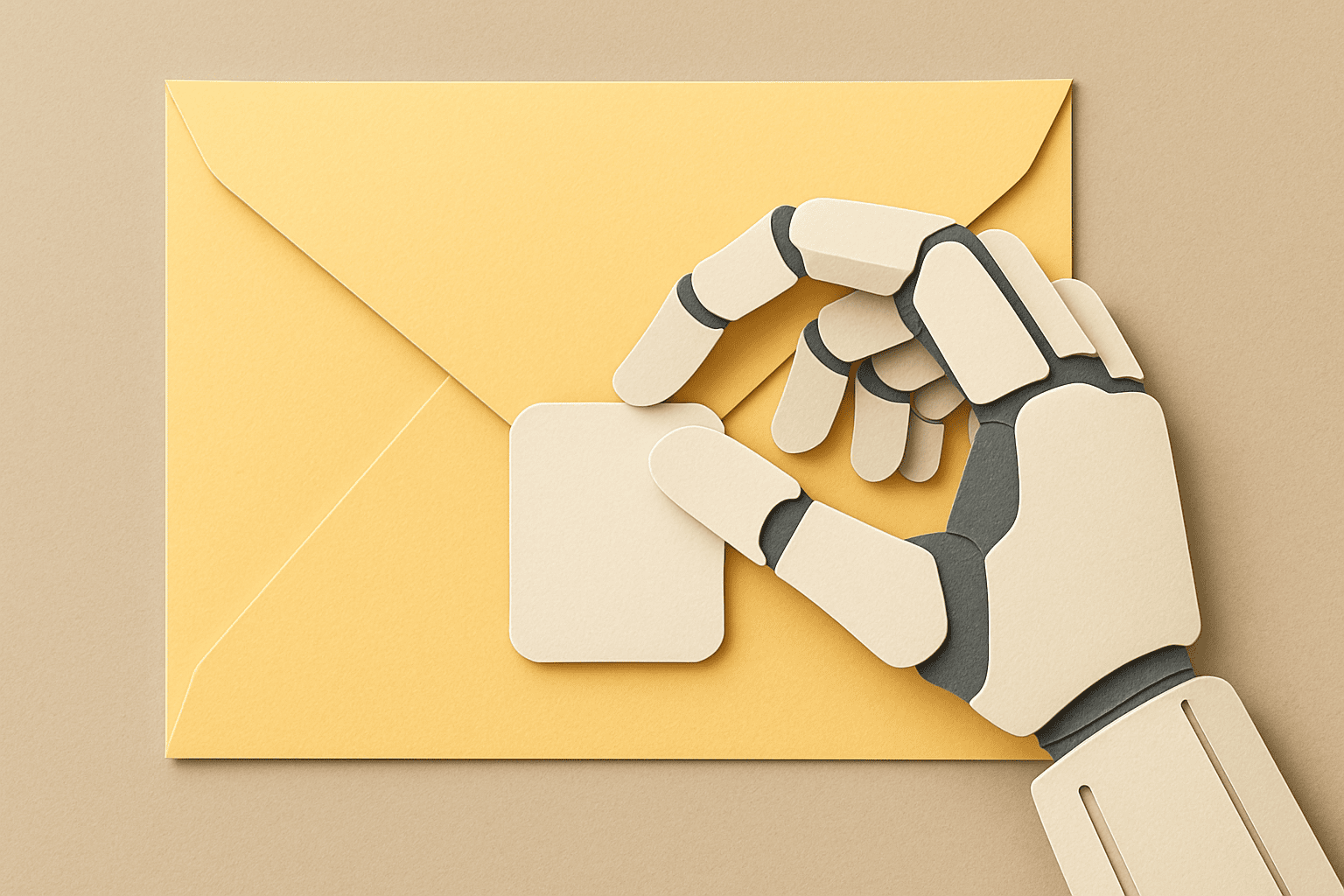A paper robot hand pressing a small tag onto a large envelope