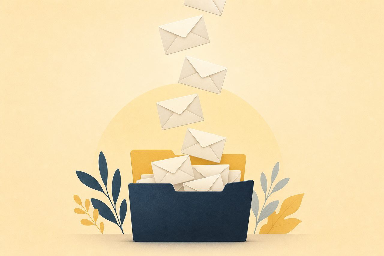 A tidy folder catching falling envelopes, flat illustration
