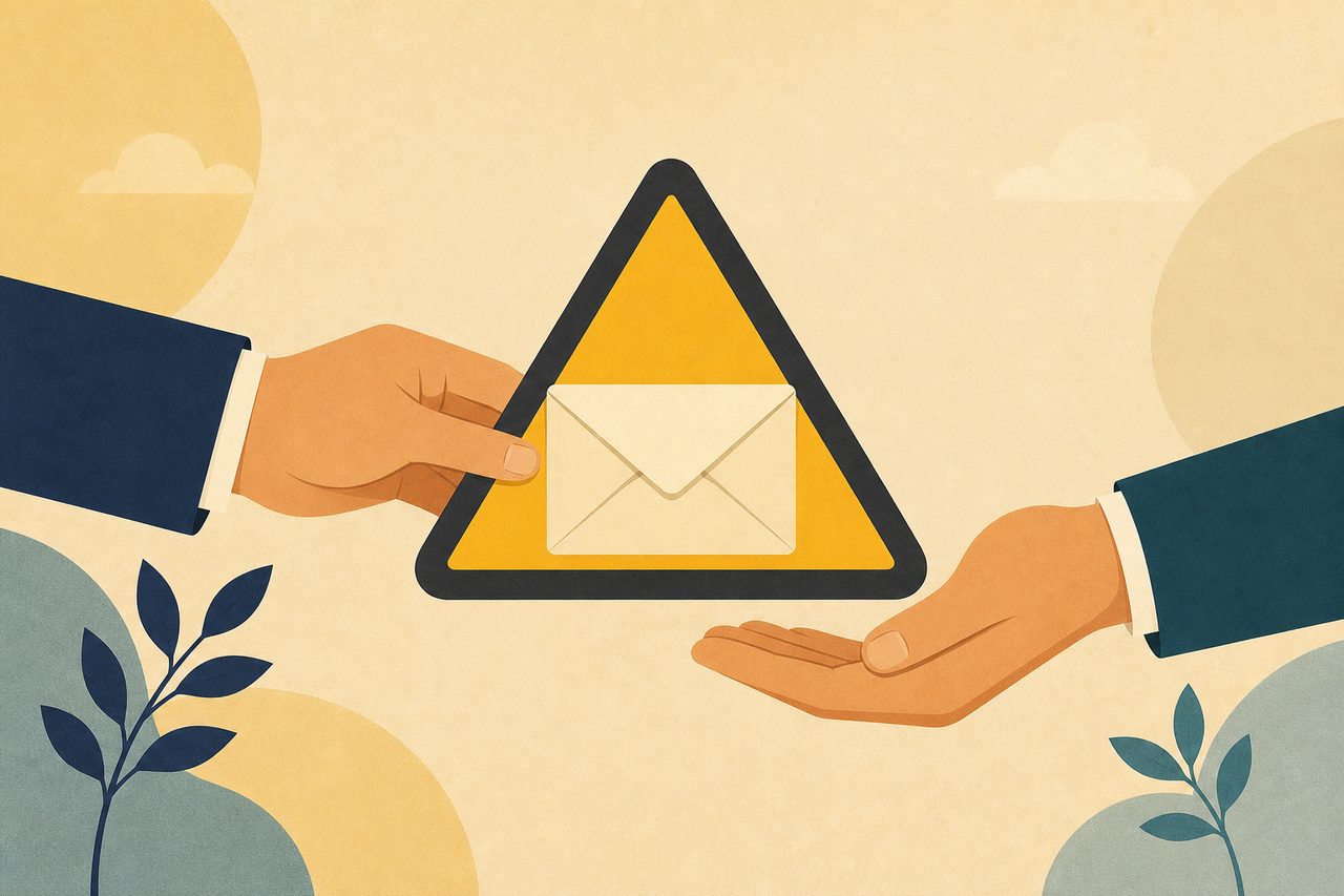 An envelope inside a warning triangle being handed over, flat illustration