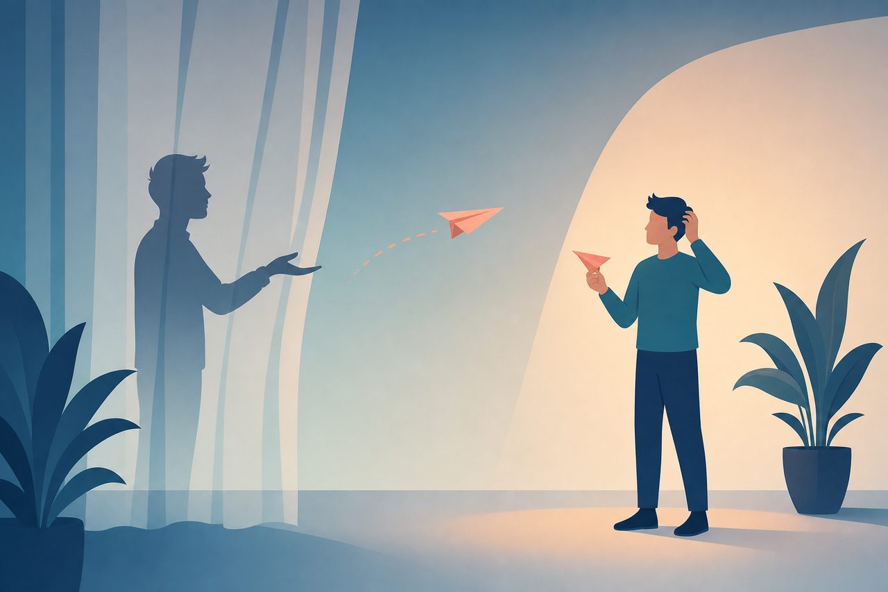 Silhouetted person behind a curtain sending a paper airplane letter to a puzzled recipient