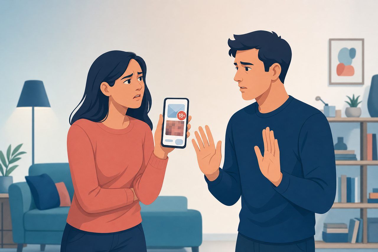 A worried person showing their partner a phone with an 18+ flagged spam email, the partner embarrassed