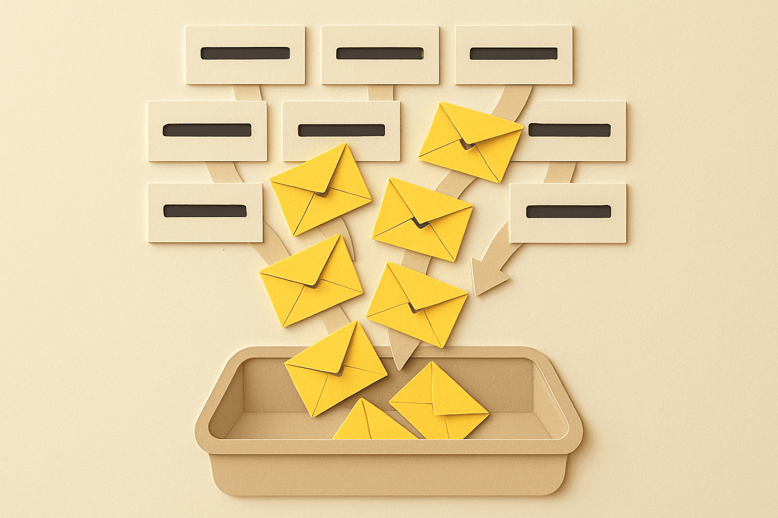 Many small mail slots funnelling letters down into one large open tray