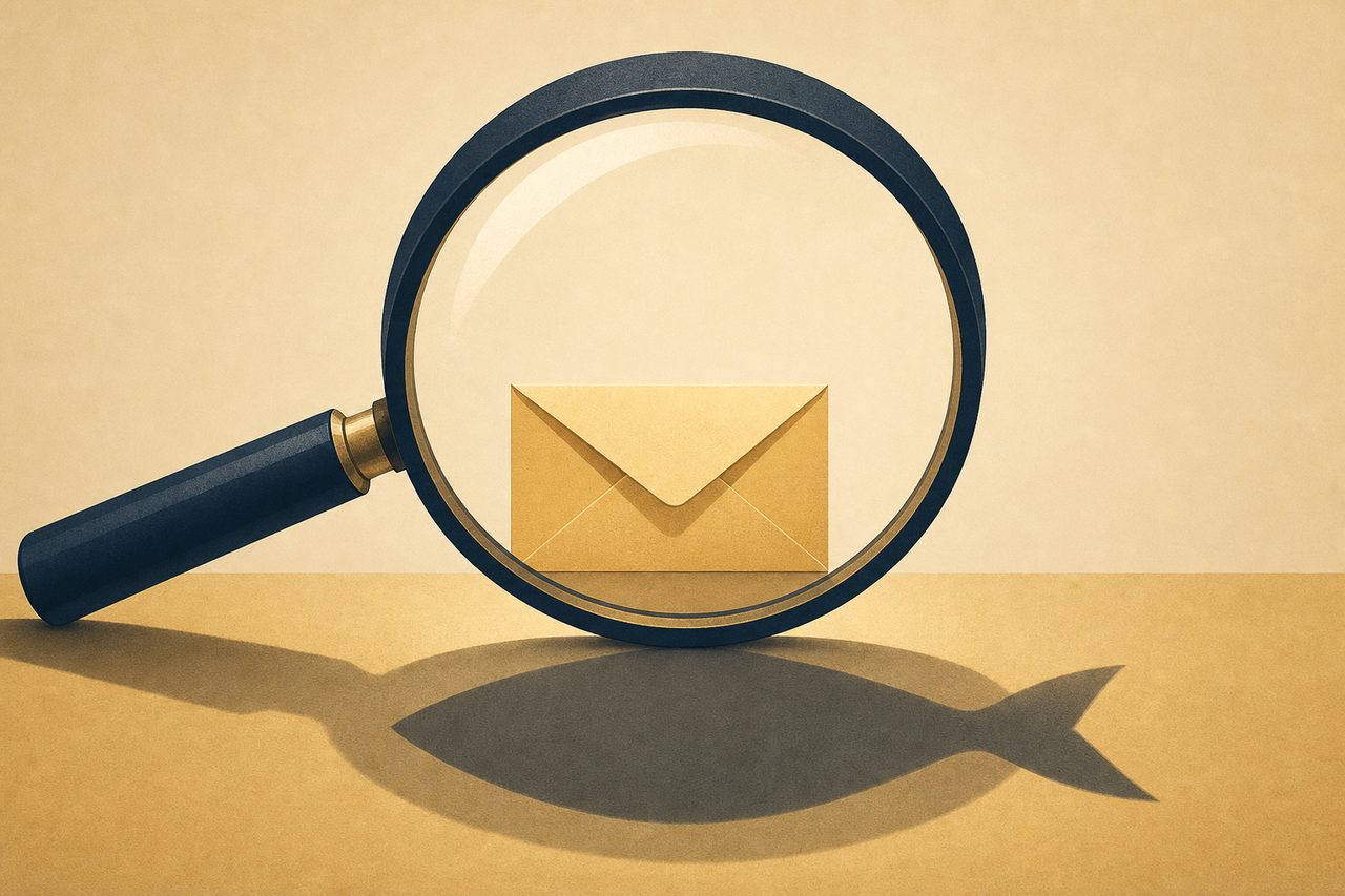 A magnifying glass examining a suspicious envelope, flat illustration