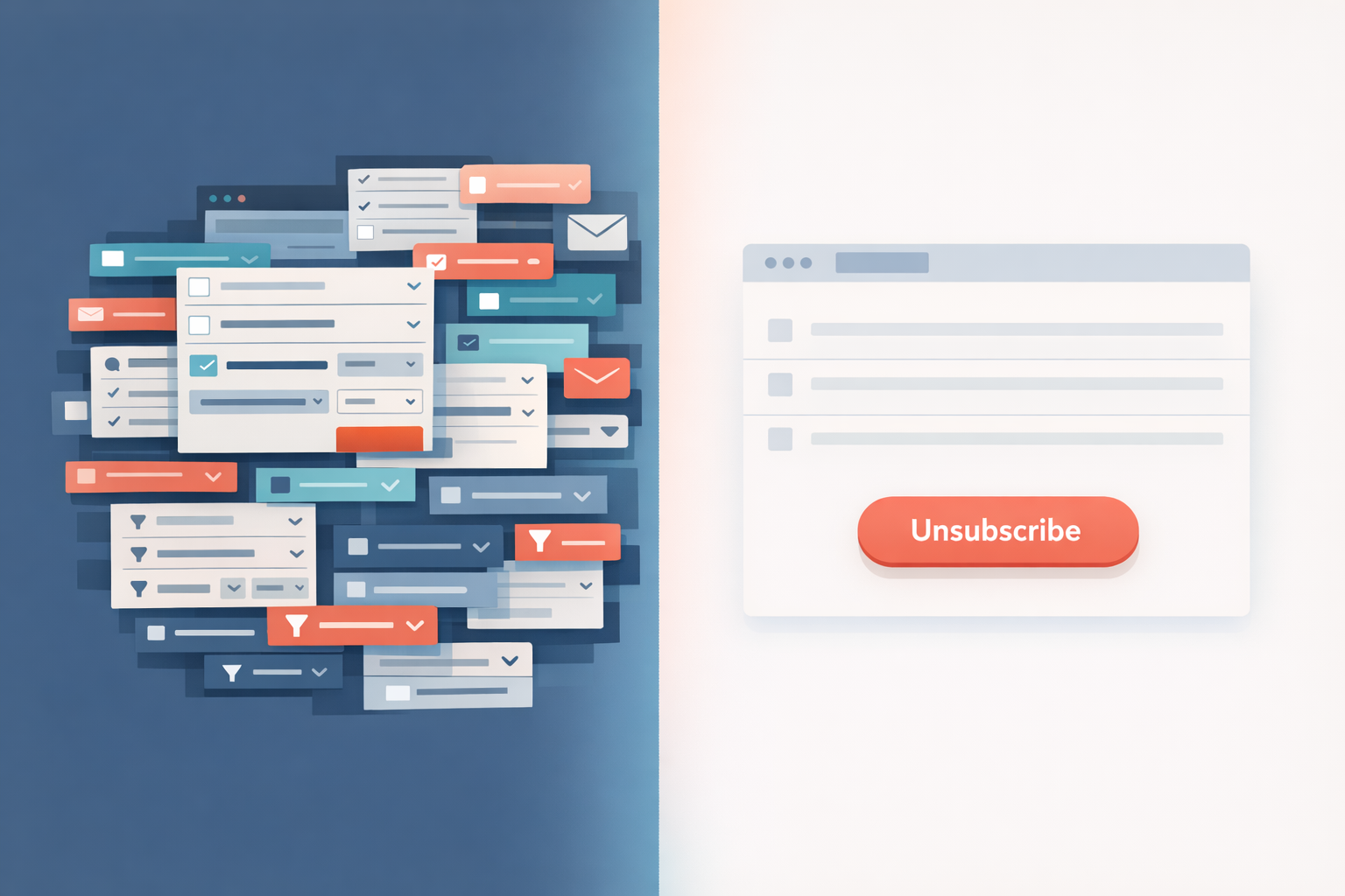 A simplified email inbox dashboard on the left with a filter-heavy interface, and on the right a cleaner minimalist dashboard with a prominent unsubscribe button.