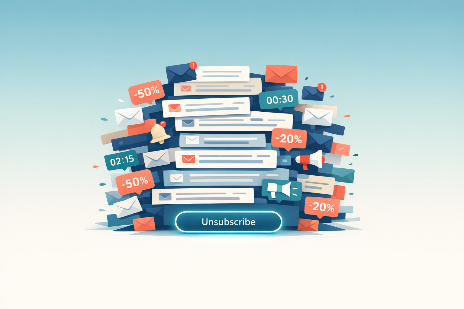 Illustration of an inbox buried under affiliate promotional emails with urgent subject lines and countdown timers