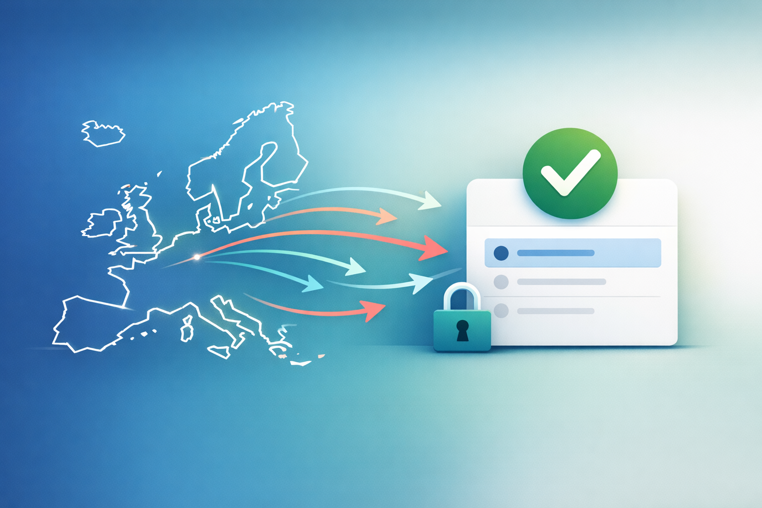 A European data flow diagram with a green GDPR checkmark above a clean inbox interface, on a soft gradient background.