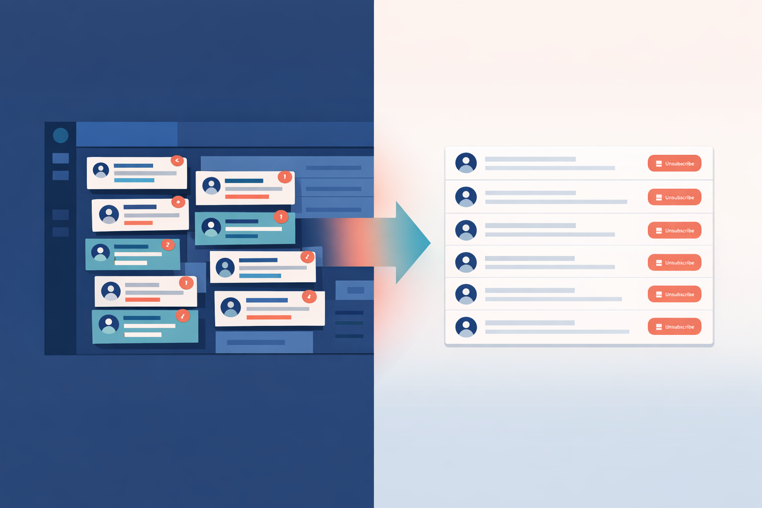 A minimalist inbox dashboard on the right replacing a cluttered bucket-style visual grouping interface on the left, connected by a soft gradient arrow.