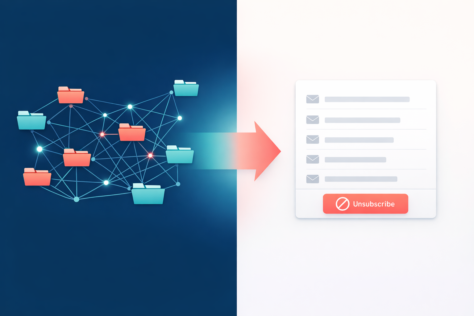 A neural-network-styled email triage illustration on the left, giving way to a clean minimalist unsubscribe interface on the right, connected by a soft gradient arrow.