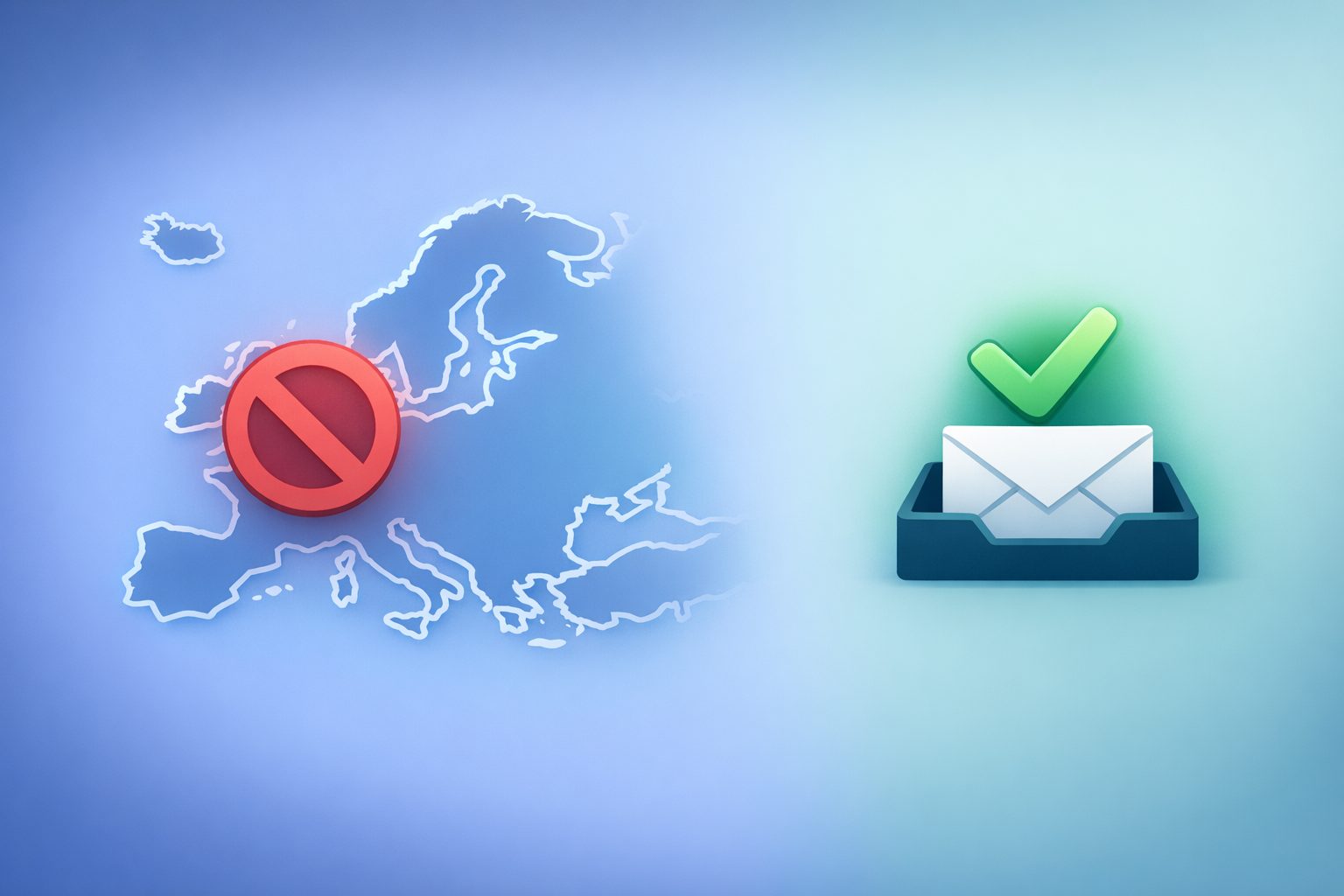Stylized map of Europe with a blocked symbol transforming into a green check above a clean inbox