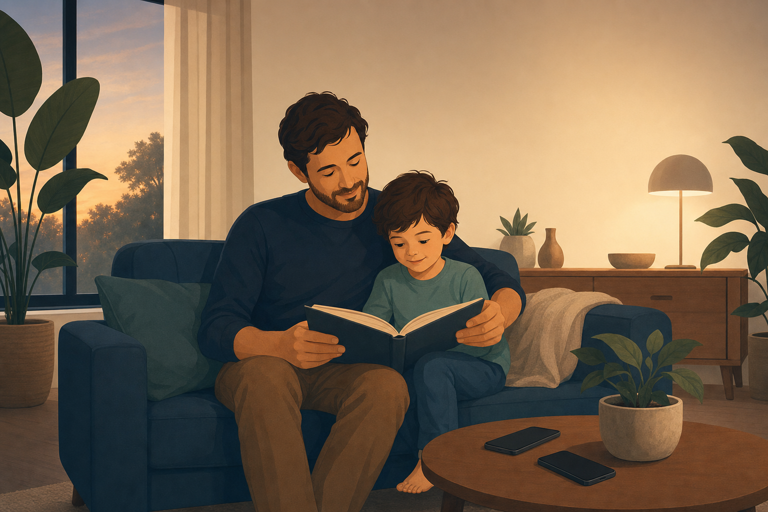 A parent and child reading a book together in a calm, screen-free living room