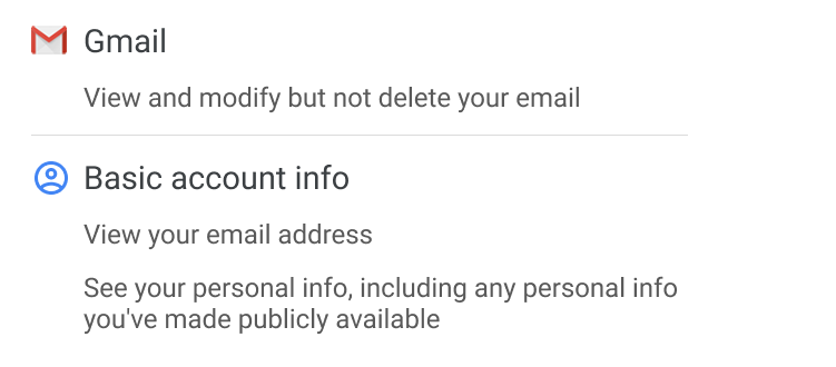Gmail permissions requested